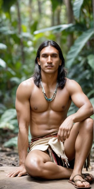 Imagine the following scene:

Realistic photograph of a man. Full body shot.

The man is a Native American.

It is outdoors, blurred background.

He wears an indigenous loincloth, sandals.

1 indigenous Venezuelan man. Average body. It's in the jungle.

Dynamic pose, sitting. looking at the camera sensually. 

(photorealistic), masterpiece: 1.5, beautiful lighting, best quality, beautiful lighting, realistic and natural image, intricate details, everything in focus, perfect focus, photography, masterpiece. small nuances, supreme resolution, 32K, ultra-sharp, superior quality details, realistic and complex, perfect proportions, perfect hands, perfect feet.