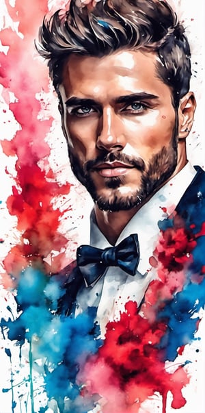 Imagine the following scene:

masterpiece with high quality ink art style, (((full body shot))).

a beautiful Latin man, 30yo, muscular, hair on his chest, big and bright blue eyes, long eyelashes, full and red lips, blush. 

colorful ink painting, white background, high detailed.

High realism aesthetic photo, RAW photo, 16K, real photo, best quality, high resolution, masterpiece, HD, perfect proportions, perfect hands,photo r3al