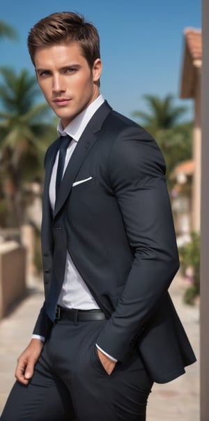 Imagine the following scene.

Realistic photography of a beautiful man. Full body shot.

The man outdoors.

The man is standing, walking with style and confidence.

Wearing a black suit with very fine white lines.

The man is muscular, with thick, defined legs. Very clear and large blue eyes. Short brown hair, blush, full, pink lips. Angular face, long eyelashes. 30yo, from Peru.

Falling, looking at the camera mischievously, discreet smile.

(photorealistic), masterpiece: 1.5, beautiful lighting, best quality, beautiful lighting, realistic and natural image, intricate details, everything in sharp focus, perfect focus, photography, masterpiece, meticulous nuances, supreme resolution, 32K, ultra-sharp, quality Details superior, realistic and complex, perfect proportions, perfect hands, perfect feet.