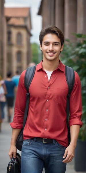 
Imagine the following scene:

Realistic photograph of a man. Full body shot.

The man is a university student.

He wears a red shirt, jeans, sports shoes, and carries a bag on his back.

The man is from Colombia, 20yo, masculine, brown eyes, average body. Big, bright eyes, full, pink lips. Brown hair.

Walk around the university. He smiles, he is happy walking.

(photorealistic), masterpiece: 1.5, beautiful lighting, best quality, beautiful lighting, realistic and natural image, intricate details, everything in focus, perfect focus, photography, masterpiece. small nuances, supreme resolution, 32K, ultra-sharp, superior quality details, realistic and complex, perfect proportions, perfect hands, perfect feet.