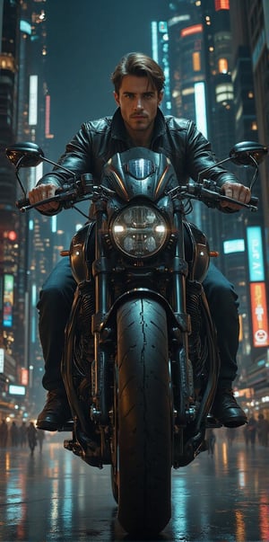 Imagine the following scene: Imagine a beautiful professional photograph of a beautiful man., a beautiful man riding a big motorcycle from the future. close up shot. The motorcycle is futuristic, it is very large, with many details, the motorcycle flies, it is black with neon lights between its gears. The man is Spanish, 20 years old, muscular, with light brown hair and very light honey-colored eyes. Long eyelashes. Provocative lips. The man is wearing jeans and a leather jacket. The man drives the big flying motorcycle through a city, he is flying. The very futuristic city with many very tall buildings. It's night, many lights in the buildings. The image is zoomed out to be able to notice the man and the details of the city of the future.