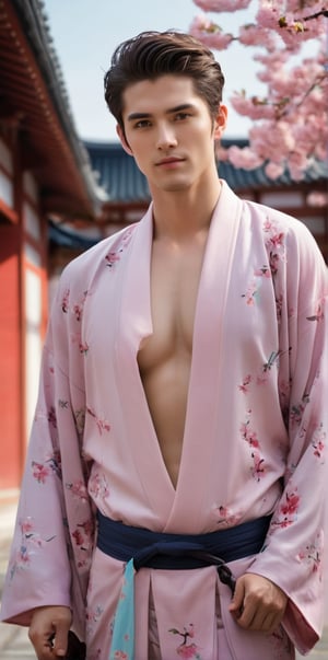 
Imagine the following scene:

Photograph of a beautiful man. Full body shot.

The man is in a Japanese temple. Pink cherry trees in the background. blurred background 

((wearing a pink kimono)).

The man is from Japan, 20 years old, normal body, big bright blue eyes. Masculine, full and red lips. Blush. very straight and short hair.

Standing in the center of the shot, dynamic pose, smile.

(photorealistic), masterpiece: 1.5, beautiful lighting, best quality, beautiful lighting, realistic and natural image, intricate details, everything in sharp focus, perfect focus, photography, masterpiece, meticulous nuances, supreme resolution, 32K, ultra-sharp, quality Details superior, realistic and complex, perfect proportions, perfect hands, perfect feet.