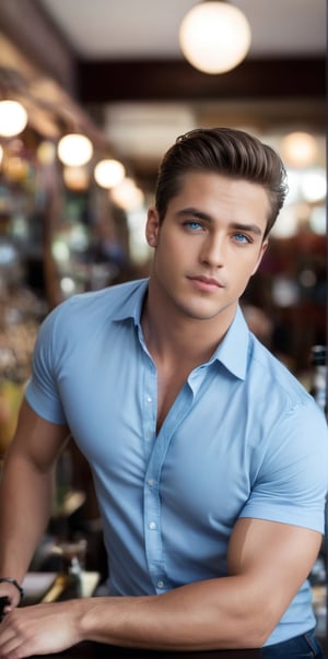 
Imagine the following scene:

A beautiful and masculine man. The shot is full-length and zoomed out to notice the details of the scene.

The man is inside a bar, he is celebrating, he is very happy. 

Wearing a blue shirt. ((The shirt has small heart designs)). Jeans and sports shoes.

He is a muscular man, he is from Venezuela. 25yo. big and bright blue eyes. Full and red lips. Very light brown hair. Wear men's jewelry, earrings.

Dynamic pose, has fun.

(photorealistic), masterpiece: 1.5, beautiful lighting, best quality, beautiful lighting, realistic and natural image, intricate details, everything in sharp focus, perfect focus, photography, masterpiece, meticulous nuances, supreme resolution, 32K, ultra-sharp, quality Details superior, realistic and complex, perfect proportions, perfect hands, perfect feet.

