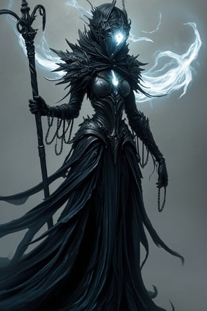 Full body character, side view, feminine, spectral guardian with an elegant but tattered cloak that shifts between reality and shadow. It holds a lantern staff, the light from it twisting into (delicate, ethereal shapes++). Its face is obscured, with only glowing eyes visible through a darkened visor. Chains, like serpents, hover around its body, moving as if alive, each link whispering in forgotten tongues++. <...>,assassinkahb style