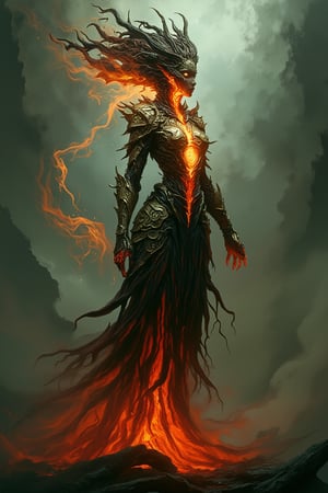 Full body character, side view, feminine, (fantasy elemental being)++, whose body is a fusion of ancient roots and pulsating magma veins. A radiant core emits both fire and life energy. (Tendrils of molten rock and vines intertwine)++, as the figure's head shimmers with fiery branches, while glowing symbols pulse across its form, illuminating the thick mist that surrounds it .<...>,assassinkahb style