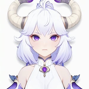 masterpiece,best quality,avatar,head photo,anime character avatar, ganyu_\(genshin_impact\), bell, horns, 1girl, detached_sleeves, goat_horns, cowbell, purple_eyes, ahoge, simple_background, bare_shoulders, medium_breasts, closed_mouth, blue_hair, bodysuit, white_background, breasts, upper_body