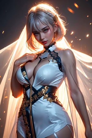 (masterpiece, top quality, best quality, official art, beautiful and aesthetic:1.2), hdr, high contrast, wideshot, 1girl, blunt bangs, looking at viewer, (seducing act), frosty, icy eyeshadow, longfade eyebrow, soft make up, juicy lips, large breast, hourglass body, light smile, finger detailed, background detailed, ambient lighting, extreme detailed, cinematic shot, realistic ilustration, (soothing tones:1.3), (hyperdetailed:1.2), azlnsirius, side braid, hair ornament, chinese clothes, grey dress, breast curtains, pelvic curtain, garter straps, see-through, white thighhighs, white gloves, azlnsirius,azlnsirius, short hair,r1ge