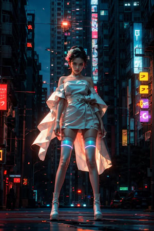 (masterpiece, best quality:1.2), 
1girl, 
(Dynamic pose:0.8), 
(solo:1.5), 
(cowboy shot:1.2), 
(from down top:0.8),
(thigh:0.4), 



cyberpunk, science fiction, city, neon lights, night, building, strapless, hologram, skyscraper, boots, long hair, cityscape, thighhighs, sky, black hair, scenery, white footwear,
(wedding kimono dress:1.3),

(wind:1.4), 
(magazine cover title:1.2), 
(red background:0.7),






,r1ge