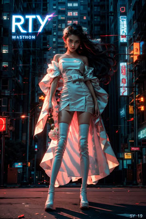 (masterpiece, best quality:1.2), 
1girl, 
(Dynamic pose:0.8), 
(solo:1.5), 
(cowboy shot:1.2), 
(from down top:0.8),
(thigh:0.4), 



cyberpunk, science fiction, city, neon lights, night, building, strapless, hologram, skyscraper, boots, long hair, cityscape, thighhighs, sky, black hair, scenery, white footwear,
(wedding kimono dress:1.3),

(wind:1.4), 
(magazine cover title:1.2), 
(red background:0.7),






,r1ge