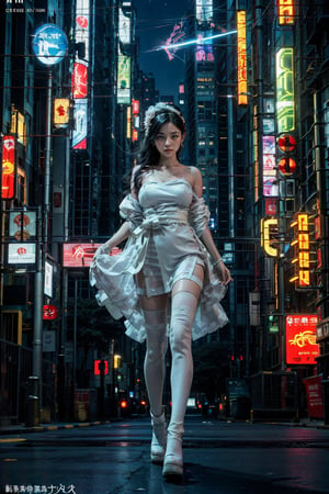 (masterpiece, best quality:1.2), 
1girl, 
(Dynamic pose:0.8), 
(solo:1.5), 
(cowboy shot:1.2), 
(from down top:0.8),
(thigh:0.4), 



cyberpunk, science fiction, city, neon lights, night, building, strapless, hologram, skyscraper, boots, long hair, cityscape, thighhighs, sky, black hair, scenery, white footwear,
(wedding kimono dress:1.3),

(wind:1.4), 
(magazine cover title:1.2), 
(red background:0.7),






