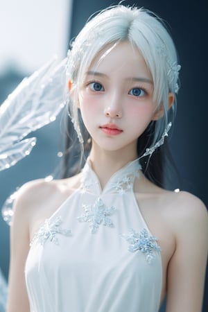  (ice:1.5), ((best quality)), ((masterpiece)), ((ultra-detailed)), extremely detailed CG, (illustration), ((detailed light)), (an extremely delicate and beautiful), a girl, solo, ((upper body,)), ((cute face)), expressionless, (beautiful detailed eyes), full breasts, (medium breasts:1.2), White dragon eyes, (Vertical pupil:1.2), white hair, shiny hair, colored inner hair, [Armor_dress], White_hair ornament, ice adorns hair,depth of field, [ice crystal], (snowflake), angel, (\shuang hua\), ((poakl)),r1ge
