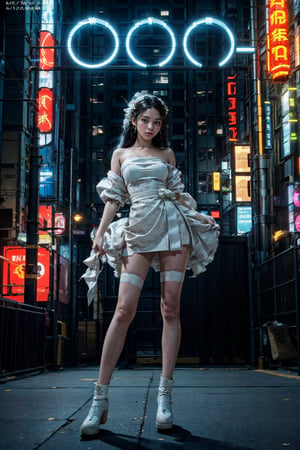 (masterpiece, best quality:1.2), 
1girl, 
(Dynamic pose:0.8), 
(solo:1.5), 
(cowboy shot:1.2), 
(from down top:0.8),
(thigh:0.4), 



cyberpunk, science fiction, city, neon lights, night, building, strapless, hologram, skyscraper, boots, long hair, cityscape, thighhighs, sky, black hair, scenery, white footwear,
(wedding kimono dress:1.3),

(wind:1.4), 
(magazine cover title:1.2), 
(red background:0.7),







