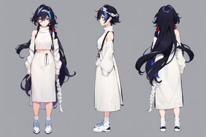 [[fu hua (phoenix)(honkai impact 3rd)]],nai3,1girl,solo,blue eyes {artist:ask(askzy)}, (Multiple views) ,((three sided view,full body,simple background,multiple views,highres)).multicolored hair,round eyewear,turtleneck,skirt,blue legwear,jewelry,earrings,long sleeves,blue eyes,sleeves past wrists,ribbed sweater,hair between eyes,white sweater,very long hair,sweater,streaked hair,sunglasses,braid,bare shoulders,off-shoulder sweater,off shoulder,eyewear on head,