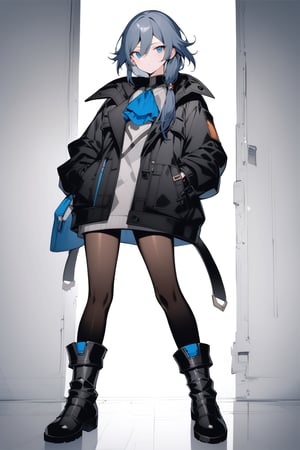 fu hua,(full body), nai3, solo, artstyle,best quality,amazing quality,very aesthetic,absurdres,traditional media 
1girl, solo, looking at viewer, short hair, bangs, blue eyes, long sleeves, hair between eyes, closed mouth, standing, jacket, full body, grey hair, pantyhose, boots, black footwear, coat, black jacket, ascot, knee boots, hand in pocket, black coat, fu hua