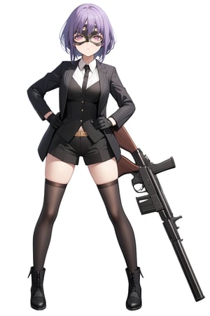 masterpiece, best quality, absurdres, very authentic, 1girl, solo, YuutenjiNyamu, 
1girl, solo,looking at viewer, bangs,  simple background, , hair ornament, thighhighs, gloves, white background, holding, hair between eyes, closed mouth, standing, jacket, full body, weapon, boots, shoes, shorts, black gloves, black thighhighs, black footwear, holding weapon, black jacket, hand on hip, gun, covered navel, black shorts, holding gun, handgun
 Amoris eye mask