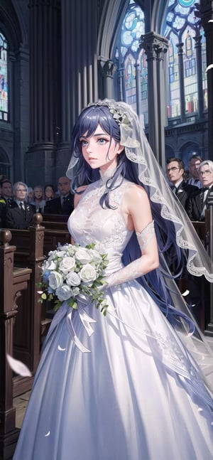 (1 beautiful woman, ornamented long blue hair,expensive detailed white wedding dress design by Clare Waight Keller, white bride veil, long white gloves), walking to the altar, holding a bouquet, church location, wedding, celebration time, petals falling down, people sitting down background, priest in front of the spouse, close-up ,perfecteyes,fu hua