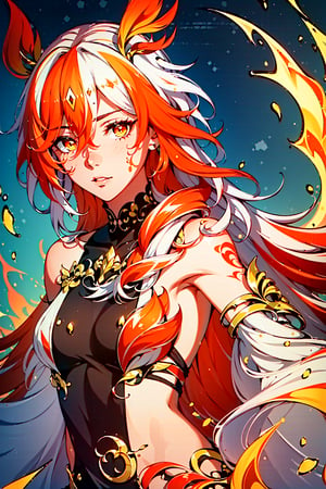 fu hua\bengluofu hua\bengluo,white_hair, orange_eyes, streaked_hair, fu hua, orange_hair, red_hair, fire, fiery_hair, hair_between_eyes, multicolored_hair, fu hua\bengluo, fiery_wings