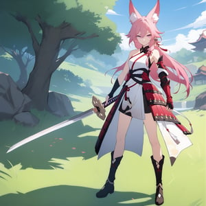 [[fu hua (phoenix)(honkai impact 3rd)]], nai3, 1girl, solo, artstyle,
1girl, solo, looking at viewer, bangs, hair ornament, gloves, holding, animal ears, hair between eyes, closed mouth, standing, purple eyes, full body, weapon, pink hair, boots, outdoors, japanese clothes, sword, fingerless gloves, black footwear, holding weapon, armor, fox ears, holding sword, katana, grass, gauntlets, sheath, japanese armor, gameplay mechanics, asymmetrical gloves, single gauntlet, yae sakura