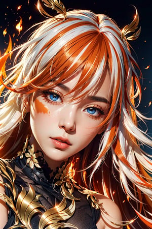 fu hua\bengluofu hua\bengluo,white_hair, orange_eyes, streaked_hair, fu hua, orange_hair, red_hair, fire, fiery_hair, hair_between_eyes, multicolored_hair, fu hua\bengluo, fiery_wings