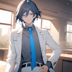 [[fu hua (phoenix)(honkai impact 3rd)]], nai3, 1girl, solo, artstyle,
solo, looking at viewer, smile, short hair, shirt, black hair, long sleeves, 1boy, closed mouth, jacket, male focus, necktie, belt, pants, indoors, hand on hip, window, white jacket, grey shirt, blue necktie, white pants