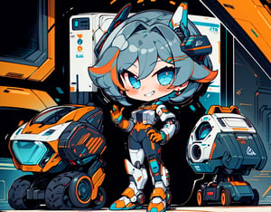 1 cute cyborg girl holding Huge futuristic Gun with right Hand , left hand on bike throttle riding on stopped super futuristic motorcycle , multicolored_hair Orange & Blond  , cute girl, proper pretty eyes, shy blush and cheeky grin , short Pixie hair , cyborg appendages in matching pairs , proper robot Sneakers , proper robot hands , Sci-fi, ultra high res, futuristic , {(little robot)}, {(solo)}, full body , {(complex, Machine background ,spaceship interior background, Mecha Transport parts)},LaraWaifu face ,chibi