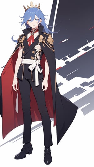  (full body:1.2), hair between eyes, blue eyes, low-tied long hair, fu hua, coat, black coat, shirt, red shirt, pants, black pants, crown, king, cape, black waistcoat, ,Hanahaki disease