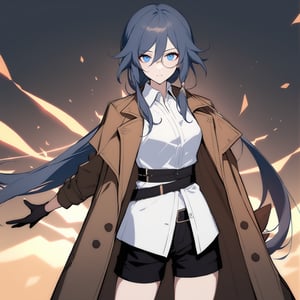 [[fu hua (phoenix)(honkai impact 3rd)]], nai3, 1girl, solo, artstyle,
1girl, solo, long hair, looking at viewer, bangs, blue eyes, shirt, black hair, gloves, long sleeves, hair between eyes, closed mouth, standing, jacket, white shirt, ponytail, glasses, shorts, black gloves, belt, black shorts, brown jacket, brown coat, monocle, polo shirt, detective, fu hua