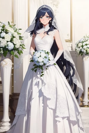 (masterpiece:1.3),(the best quality:1.2),(super fine illustrations:1.2),(Masterpiece),high quality,high detail,(white background:1.2),looking at viewer,(SOLO:1.4),outline,simple background, (ornamented long blue hair,expensive detailed white wedding dress design by Clare Waight Keller, white bride veil, long white gloves), walking to the altar, holding a bouquet , fu hua