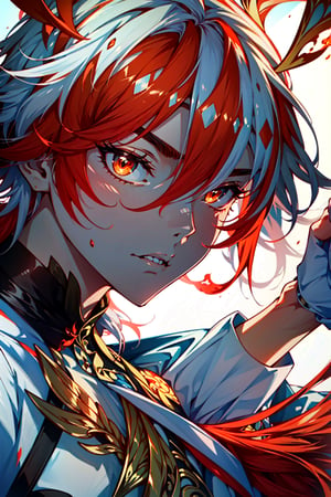 fu hua\bengluofu hua\bengluo,white_hair, orange_eyes, streaked_hair, fu hua, orange_hair, red_hair, fire, fiery_hair, hair_between_eyes, multicolored_hair, fu hua\bengluo, fiery_wings