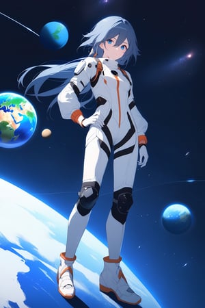 [[fu hua (phoenix)(honkai impact 3rd)]], nai3, 1girl, solo, artstyle,
1girl, solo, looking at viewer, bangs, blue eyes, simple background, gloves, long sleeves, white background, hair between eyes, closed mouth, blue hair, standing, full body, white gloves, medium hair, hand on hip, white footwear, space, knee pads, planet, earth \(planet\), spacesuit, astronaut