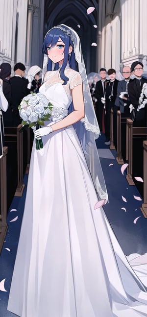 (1 beautiful woman, ornamented long blue hair,expensive detailed white wedding dress design by Clare Waight Keller, white bride veil, long white gloves), walking to the altar, holding a bouquet, church location, wedding, celebration time, petals falling down, people sitting down background, priest in front of the spouse, close-up ,perfecteyes,fu hua