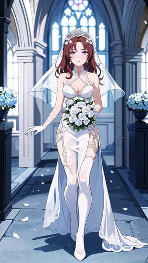 (1 beautiful woman, ornamented long hair,expensive detailed white wedding dress design by Clare Waight Keller, white bride veil, long white gloves),(full body) walking to the altar, holding a bouquet, church location, wedding, celebration time, petals falling down,Anime