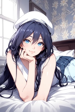 1 girl, full body, dark hair, very long hair, messy hair, blue eyes, bright, beautiful eyes, playful, funny, nice, just woke up, narrow waist, wide hips, (masterpiece), wallpaper,nice decorated room, lying on the bed, sexy,sunbeams, soft lights, sleep, eye contact, slight smile,hat