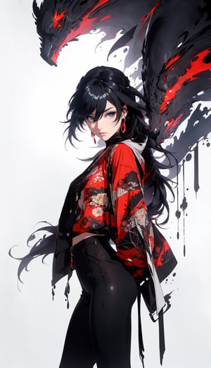 ((Masterpiece, best quality, ultra-detailed, best shadow, Unreal Engine 5)), (detailed background), (pretty face), one female vampire, long black hair with bangs, perfect figure, ((red-colored apparel, often in the form of long, two-tailed coats)), black spandex pants, vampire bats backdround,midjourney,fu hua