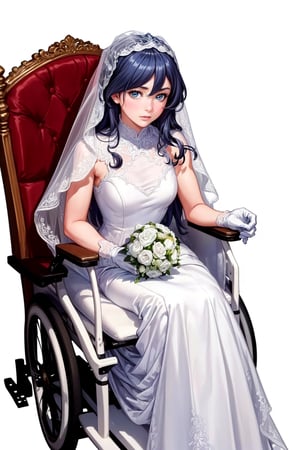 (masterpiece:1.3),(the best quality:1.2),(super fine illustrations:1.2),(Masterpiece),high quality,high detail,(white background:1.2),looking at viewer,(SOLO:1.4),outline,simple background, (ornamented long blue hair,expensive detailed white wedding dress design by Clare Waight Keller, white bride veil, long white gloves), walking to the altar, holding a bouquet , fu hua, Sitting in a wheelchair 