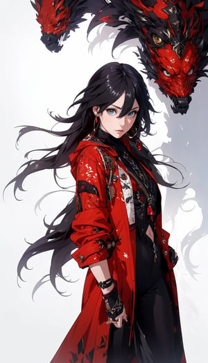 ((Masterpiece, best quality, ultra-detailed, best shadow, Unreal Engine 5)), (detailed background), (pretty face), one female vampire, long hair with bangs, perfect figure, ((red-colored apparel, often in the form of long, two-tailed coats)), black spandex pants, vampire bats backdround,midjourney,fu hua