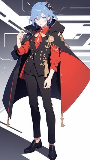  (full body:1.2), hair between eyes, blue eyes, low-tied long hair, fu hua, coat, black coat, shirt, red shirt, pants, black pants, crown, king, cape, black waistcoat, ,Hanahaki disease