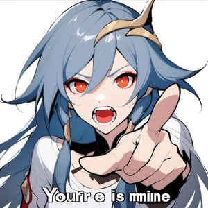 [[fu hua (phoenix)(honkai impact 3rd)]], nai3, 1girl, solo, artstyle,
looking at viewer,  open mouth,(( boring,teeth, pointing at viewer)),((meme,word,"your wife  is mine")))