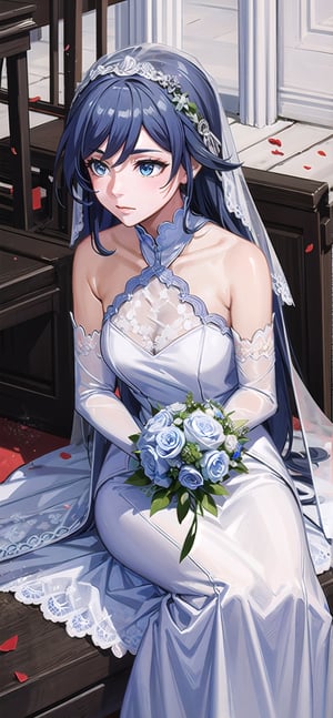 (1 beautiful woman, ornamented long blue hair,expensive detailed white wedding dress design by Clare Waight Keller, white bride veil, long white gloves), walking to the altar, holding a bouquet, church location, wedding, celebration time, petals falling down, people sitting down background, priest in front of the spouse, close-up ,perfecteyes,fu hua