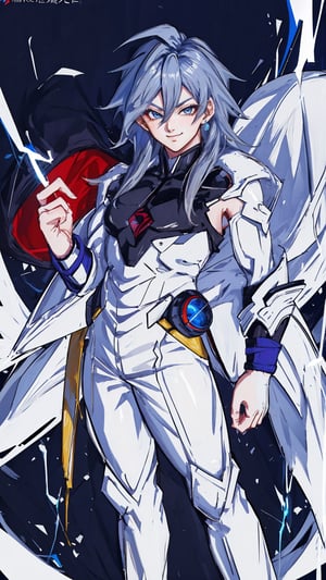 ,((masterpiece,best quality)), absurdres, aura, energy, electricity, , Super_Saiyan_5_Goku, (white fur:1), red eyes, tail, white hair,  solo, smile, smirk, looking at viewer,Super_Saiyan_5_Goku,fu hua,blue_eyes, hair_between_eyes, fu_hua