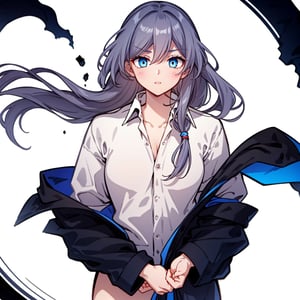 (masterpiece:1.3),(the best quality:1.2),(super fine illustrations:1.2),(Masterpiece),high quality,high detail,(white background:1.2),looking at viewer,(SOLO:1.4),outline,simplebackground,blue eyes,fu hua,hair between eyes,barefoot,thighhighs,hair ornament,low-tied long hair,long sleeves,hair ribbon,dirty clothes,grey hair,white shirt,shirt,long hair,bangs,1girl,