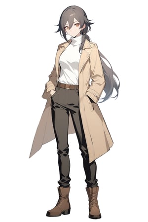 [[fu hua (phoenix)(honkai impact 3rd)]], nai3, 1girl, solo, artstyle,
1girl, solo, long hair, looking at viewer, simple background, brown hair, shirt, black hair, long sleeves, white background, hair between eyes, brown eyes, standing, jacket, full body, ponytail, boots, open clothes, belt, pants, coat, turtleneck, brown footwear, black pants, hand in pocket, brown belt