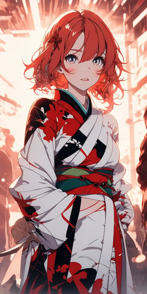A cute girl wear tattered kimono, she has short red messy hair, intense gaze, berserk aura centered of her,
