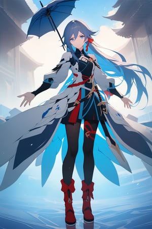 [[fu hua (phoenix)(honkai impact 3rd)]], nai3, 1girl, solo, artstyle,
1girl, solo, long hair, looking at viewer, bangs, blue eyes, long sleeves, ribbon, holding, hair between eyes, closed mouth, blue hair, standing, full body, hair ribbon, weapon, boots, outdoors, sword, armor, umbrella, outstretched arms, red footwear, sheath, sheathed