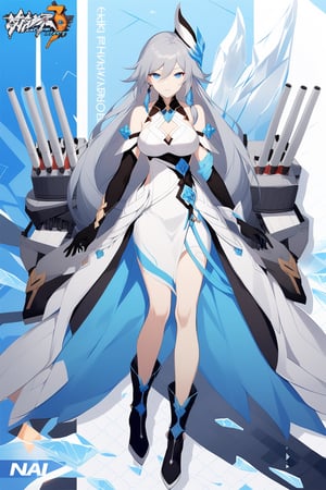 [[fu hua (phoenix)(honkai impact 3rd)]], nai3, 1girl, solo, artstyle,
1girl, solo, long hair, breasts, looking at viewer, blue eyes, large breasts, gloves, dress, bare shoulders, very long hair, full body, white hair, boots, detached sleeves, black gloves, black footwear, white dress, coat, copyright name, white headwear, ice, turret, long dress, rigging