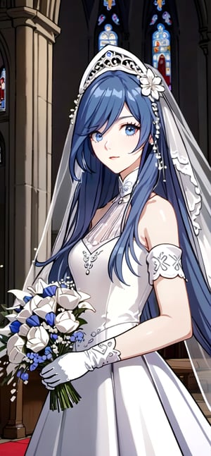 (1 beautiful woman, ornamented long blue hair,expensive detailed white wedding dress design by Clare Waight Keller, white bride veil, long white gloves), walking to the altar, holding a bouquet, church location, wedding, celebration time, petals falling down, people sitting down background, priest in front of the spouse, close-up ,perfecteyes,(((fu hua)))