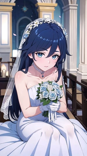 (1 beautiful woman, ornamented long blue hair,expensive detailed white wedding dress design by Clare Waight Keller, white bride veil, long white gloves), walking to the altar, holding a bouquet, church location, wedding, celebration time, petals falling down, people sitting down background, priest in front of the spouse, close-up ,perfecteyes,fu hua,Anime