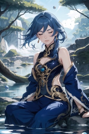 2d, masterpiece, best quality, anime, highly detailed face, highly detailed background, perfect lighting, solo, Sitting on a stone, surrounded by water, in a lake, meditating, eyes closed, blue hair, meditation pose, (Ball-shaped floating water around:1.3), blue warrior clothes with black, background waterfall, nature, forest,fu hua