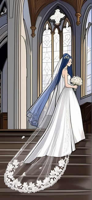 (1 beautiful woman, ornamented long blue hair,expensive detailed white wedding dress design by Clare Waight Keller, white bride veil, long white gloves), walking to the altar, holding a bouquet, church location, wedding, celebration time, petals falling down, people sitting down background, priest in front of the spouse, close-up ,perfecteyes,(((fu hua)))