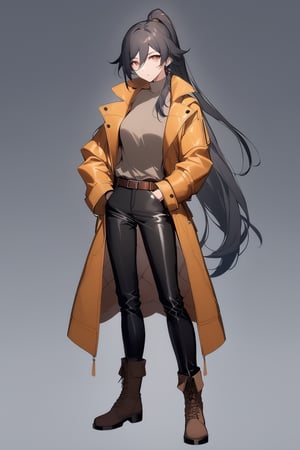 [[fu hua (phoenix)(honkai impact 3rd)]], nai3, 1girl, solo, artstyle,
1girl, solo, long hair, looking at viewer, simple background, brown hair, shirt, black hair, long sleeves, white background, hair between eyes, brown eyes, standing, jacket, full body, ponytail, boots, open clothes, belt, pants, coat, turtleneck, brown footwear, black pants, hand in pocket, brown belt,leather_clothes